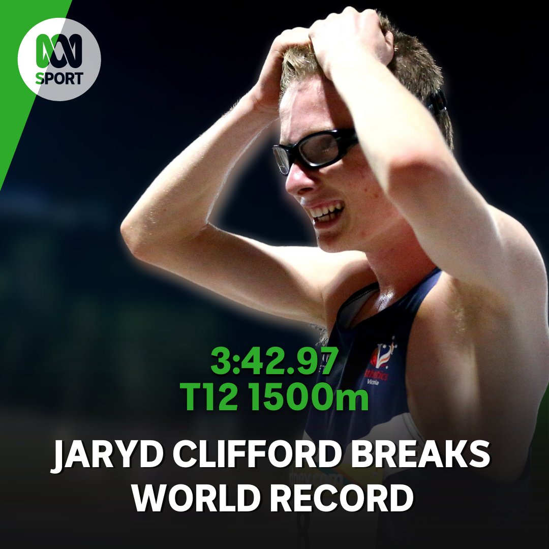 abcsport's tweet photo. Another world record for Jaryd Clifford! 🌏🎽

Australian Paralympian and dual world champion, 21-year-old @JarydClifford has broken the T12 1500m world record with a blistering time of 3:42.97 at Zatopek.🏅

@AthsAust @athsvic @AUSParalympics #ThisIsAthletics #AthsTogether https://t.co/ky5WLDy6Cq
