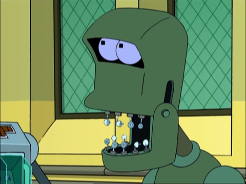 A screenshot from Futurama of Norm, a robot whose teeth receive radio broadcasts from the CIA detailing their cafeteria menu for the week. His mouth is open and each of his teeth has a tiny satellite dish attached 