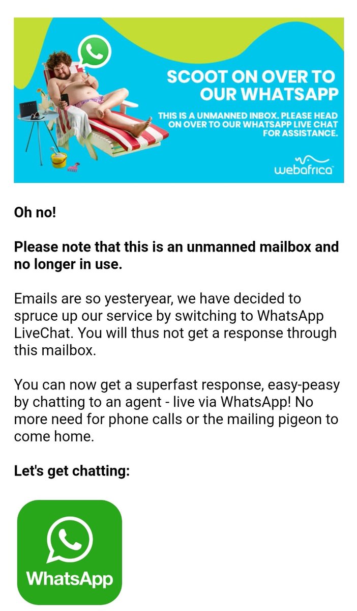 wavesailor's tweet photo. @webafrica Do you not need any new customers? I tried calling you but got no answer. I tried your whatsapp line but held on for 2 hours before you promised me a call-back. Still nothing. Email addresses you show don't  work either #Fail https://t.co/SttL2fiYpf