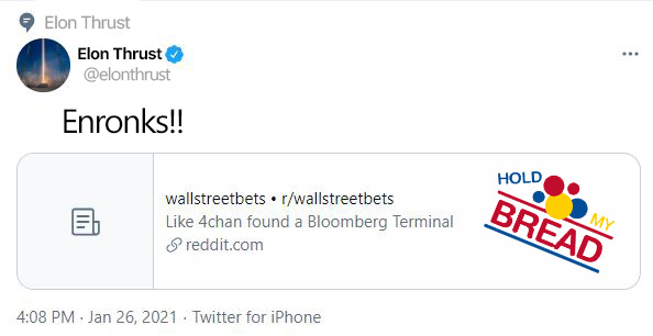 HoldMyBread's tweet photo. Gamestonk? 🤷
$GME?🤷

Whatever. We have our own Elon and he is on fire tonight! 

🚀🚀🚀$ENRN 🚀🚀🚀

#WallStreetBots or #WallStreetBets join the #GlutenGang https://t.co/LANKzHECdM