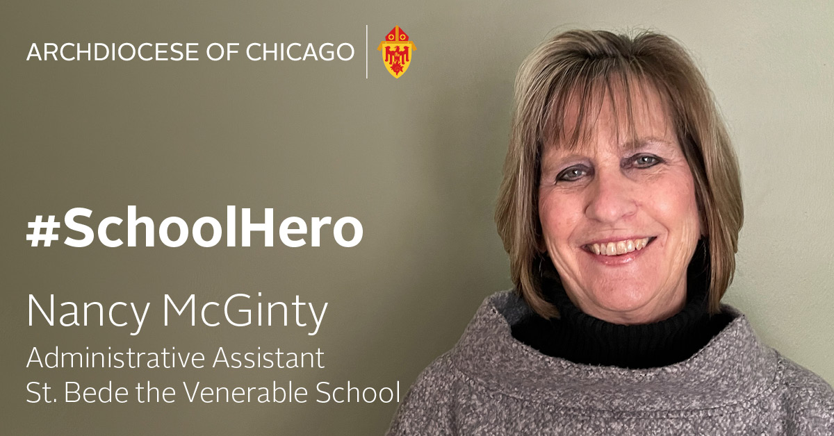 ChiCathSchools's tweet photo. Congrats to #SchoolHero Nancy McGinty, office manger at @StBedeChicago. She is an outstanding employee and a friendly face that greets everyone; she even knows every student by name. "She is the backbone of our school... she is always smiling and cheerful,” a parent. https://t.co/PH4NE0EjsC