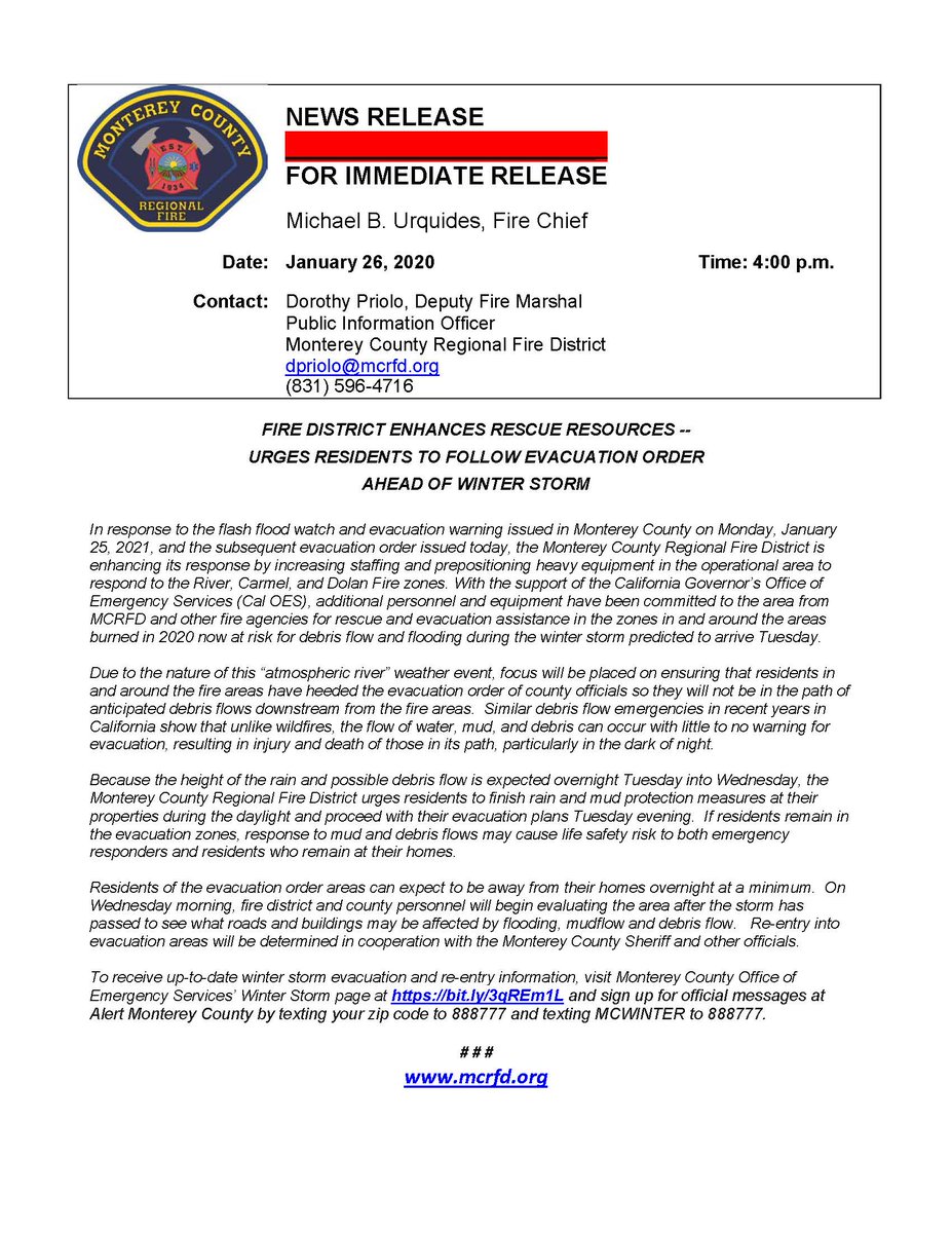 mcrfd's tweet image. MCRFD has prepared to respond to potential effects of the incoming rain tonight.  Please comply with the Monterey County OES evacuation order for properties located in or near the #RiverFire, #CarmelFire and #DolanFire burn areas.  (News Release attached)