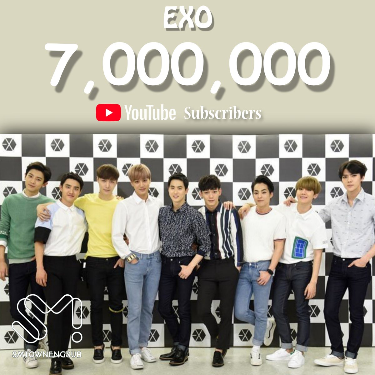 SMTownEngSub's tweet photo. .@weareoneEXO becomes the 1st SM group to hit 7,000,000 subscribers on YouTube https://t.co/hoKt3b7pjc