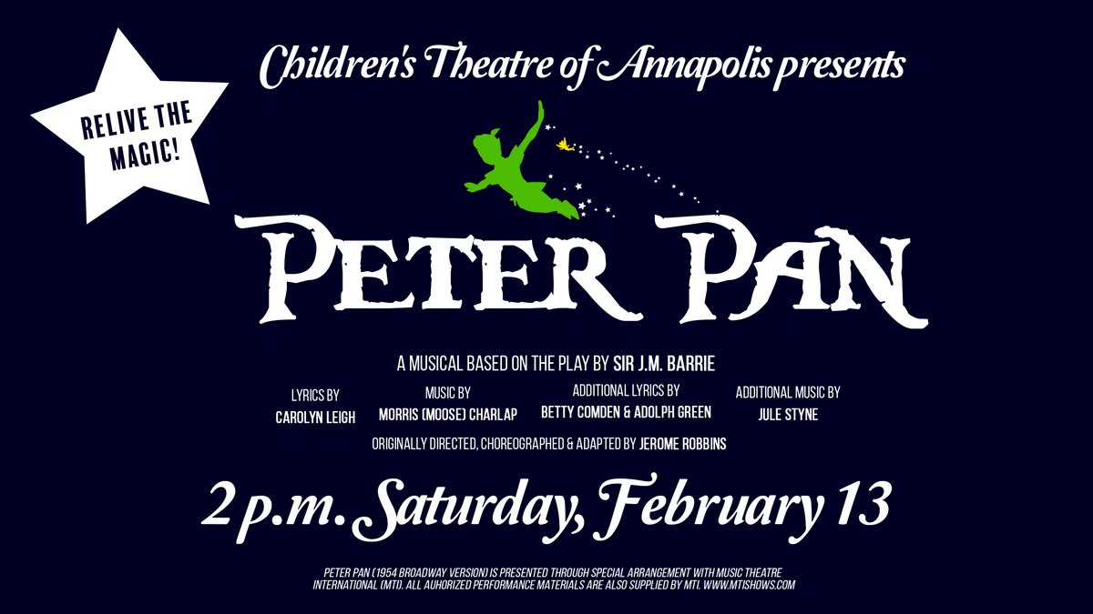 CTAnnapolis's tweet photo. Relive the magic of CTA’s 2018 production of “Peter Pan” with a streaming performance at 2 p.m. Saturday, February 13. See this award-winning production for only $10 a household! Buy tickets: https://t.co/Y61wO6tZJr #peterpan #childrenstheatreofannapolis #Iwontgrowup https://t.co/bgUSp7eiuB