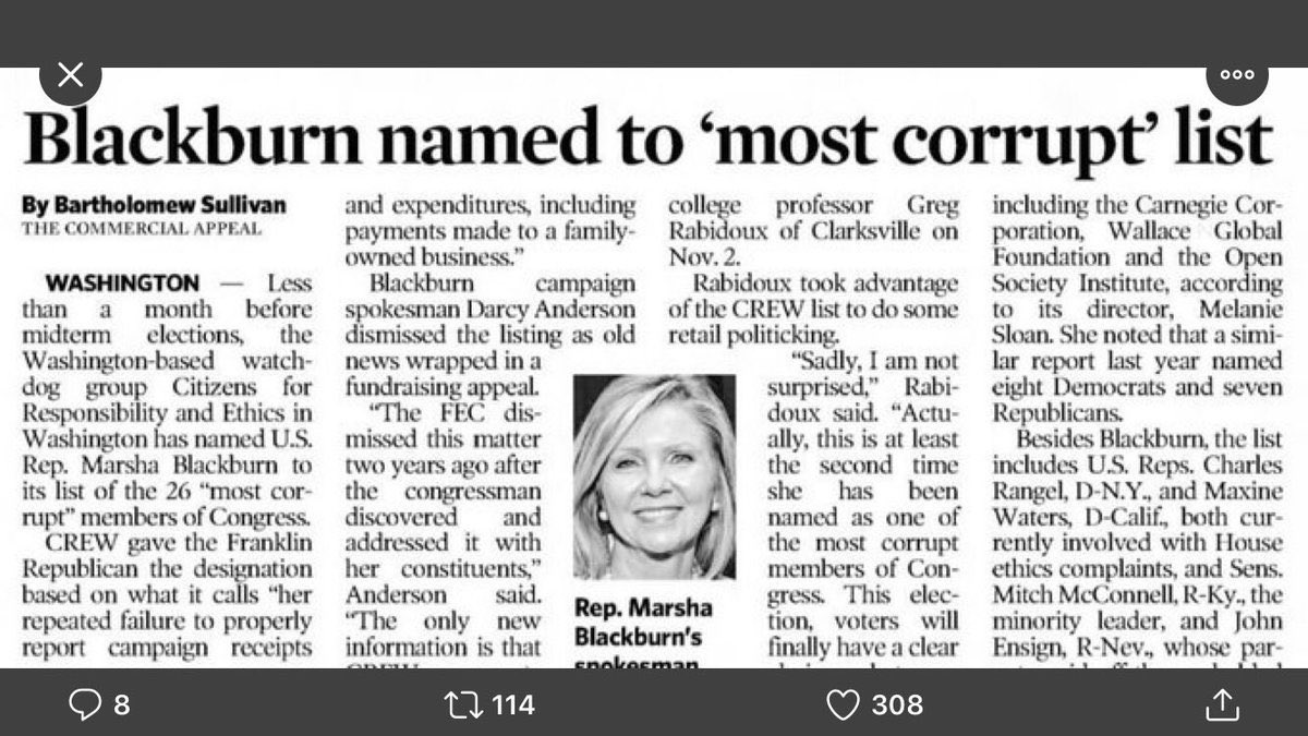 HKursed's tweet photo. @MarshaBlackburn @POTUS You can’t govern by grifting for your own personal benefit while ignoring your constituents either but God knows you keep trying. https://t.co/Smja9CsrsM