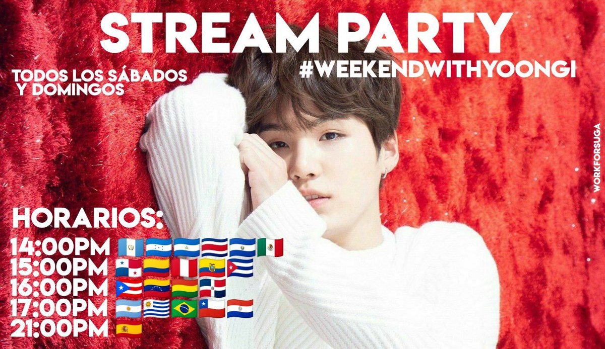BlueandgreyforV's tweet photo. — Stream partys !📌
— Para poder cumplir las metas de suga para su 🎂

16:00 PM ➙🇲🇽🇭🇳🇨🇷🇸🇻🇳🇮 
17:00 PM ➙🇪🇨🇨🇴🇵🇦🇵🇪 
18:00 PM ➙🇻🇪🇩🇴🇨🇺🇵🇷🇧🇴 
19:00 PM ➙🇦🇷🇨🇱🇧🇷🇵🇾🇺🇾 
23:00 PM ➙ 🇪🇸 
#WeekEndWithYoongi 

https://t.co/0KIFnZL50e https://t.co/ca12Aj5KU2