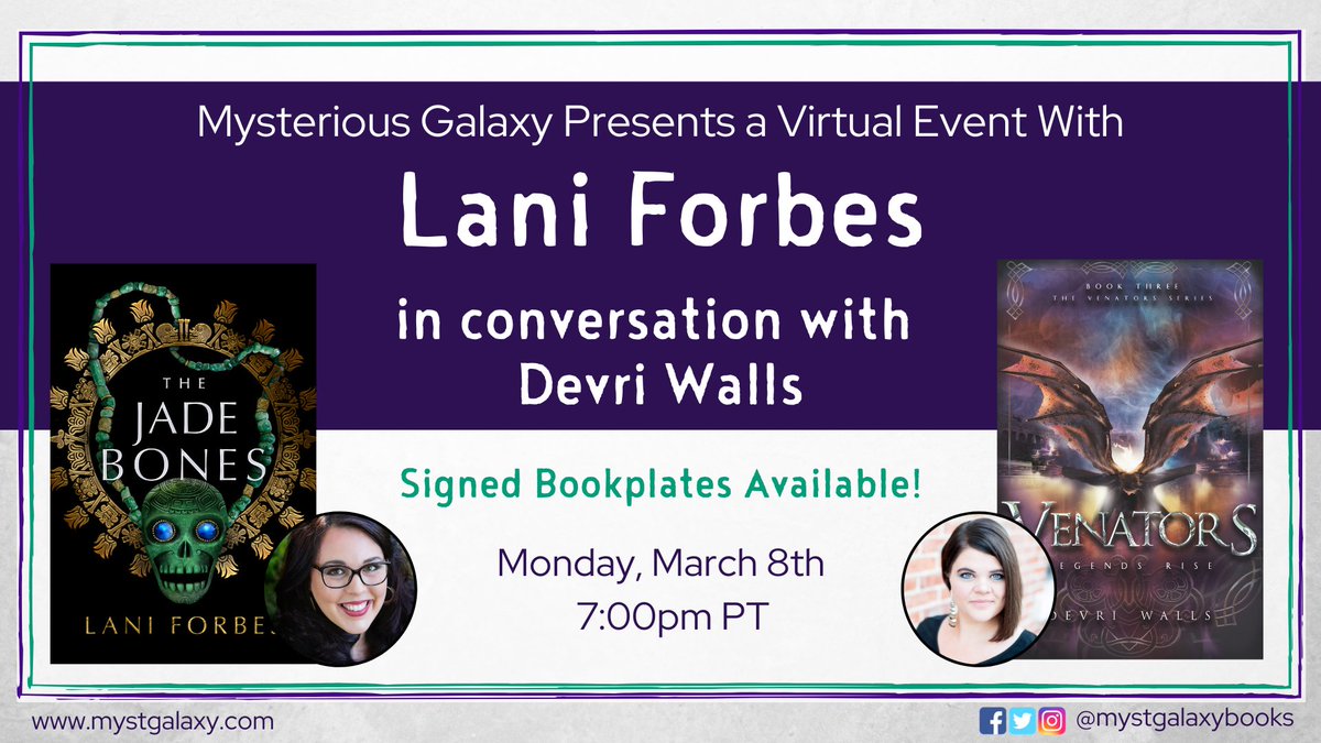 MystGalaxyBooks's tweet photo. On Monday March 8th at 7pm PT, we're hosting a virtual event with @LaniForbes - in conversation with @DevriWalls  - for THE JADE BONES! Signed &amp; personalized bookplates available. 

Event info -> https://t.co/ecl1JR1Kf7
Register on Crowdcast -> https://t.co/ByslF5f7iA https://t.co/4MbibBoEwO