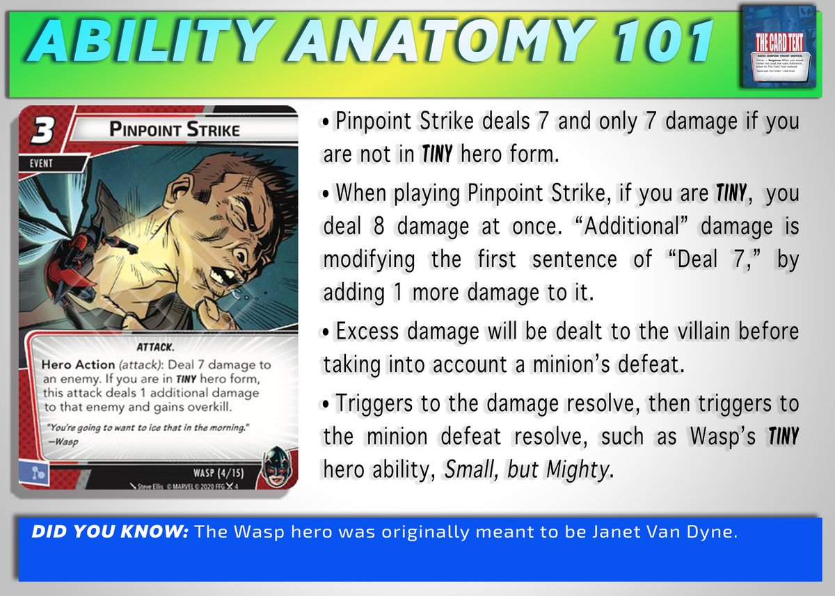 TheCardText's tweet photo. #MarvelChampions The Wasp pack is out stinging villains! Here’s a #RulesEyeView of one of her best cards, Pinpoint Strike! #LCG #FFG https://t.co/3bKhXXtPcK