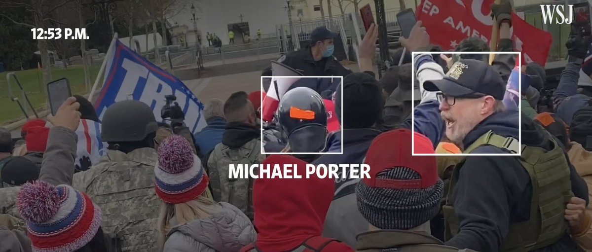 6/ As the first police line goes down we see multiple identifiable Proud Boys at the front.  @WSJ names Michael Porter, for example.Note the orange tape on helmets. This is an identification sign that many of us observed Proud Boys using throughout the day.