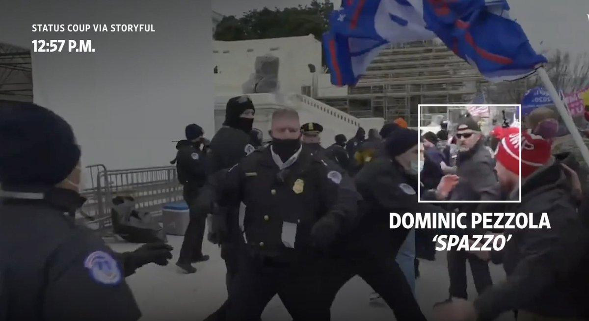 7/ Proud Boys stay at the front of the rush of people, squaring off as they encounter  #Capitol Police at the West Entrance. The  @WSJ spots Proud Boy  #Spazzo. Remember him? He was the earpiece-wearing window breacher.  https://twitter.com/jsrailton/status/1350148617542238210