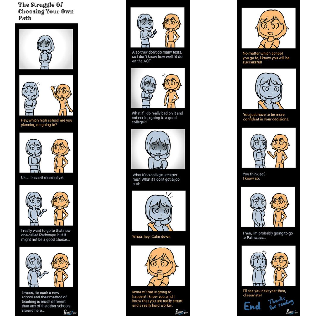 pathwayshighmke's tweet photo. Our 2nd installment of the #MyPathMyWay Going Viral Campaign is a comic strip, "The Struggle of Choosing Your Own Path," and comes from LM, a Pathways High 11th grader. Tell us your thoughts on this post and share your story being sure to use the tags #MyPathMyWay #PathwaysHigh https://t.co/ozYR5yiWC4