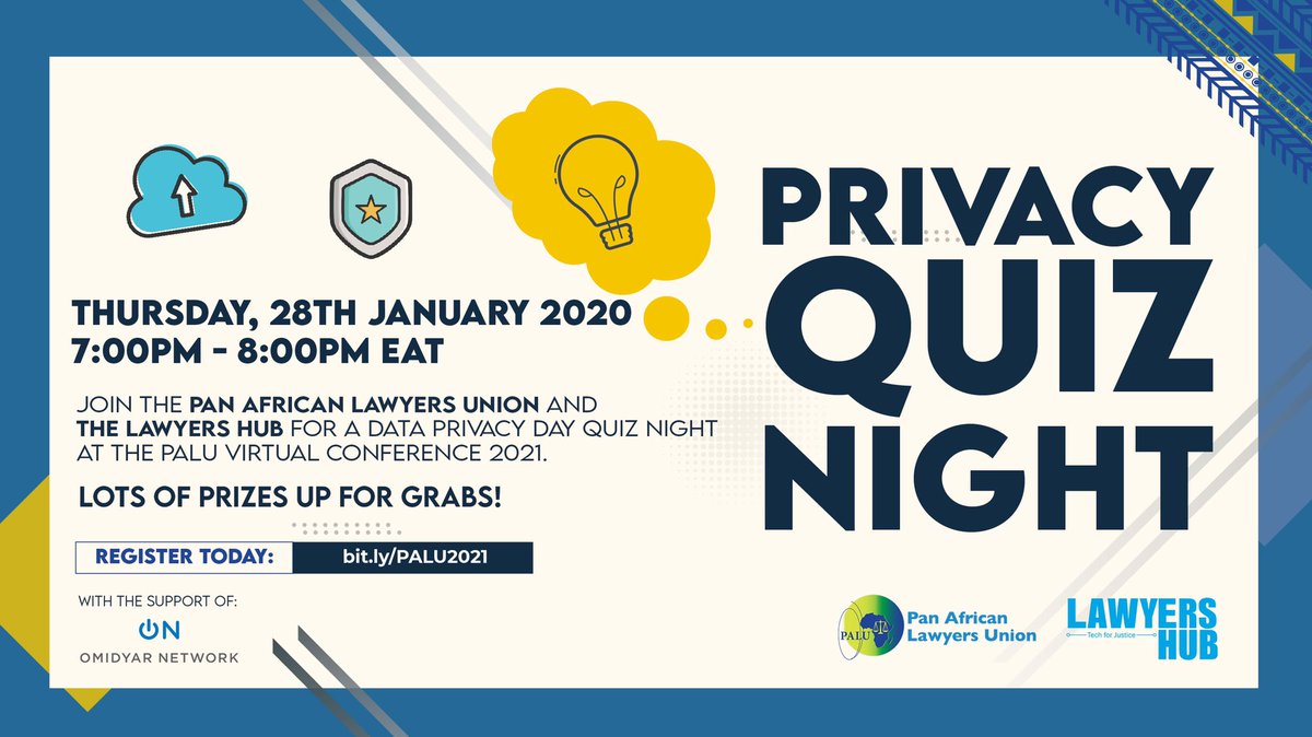 BonyoLinda's tweet image. For International Privacy Day, We hope you can join our Quiz Night and test your knowledge of Data Privacy Laws 😊 
@lawyershubkenya @AfricaLawTech 
#dataprivacyday #dataprivacyday2020 #dataprotection #dataprivacy #LawyersHub #africalawtech #Data #GoodID #LegalTech #Startups