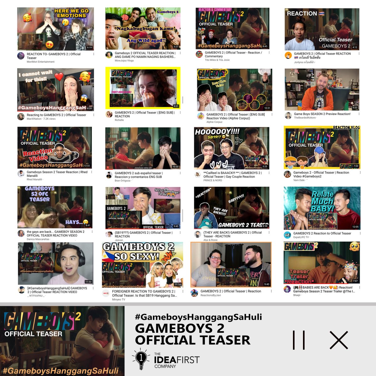 theideafirst_co's tweet photo. Wait, there's more! Have you seen all their reaction videos yet?

Thank you to everyone in the reactors community for sharing your love for #GameboysHanggangSaHuli! 

#Gameboys2 soon! Check out the teaser featuring @SB19Official's Hanggang Sa Huli here!
https://t.co/67KwongGsB https://t.co/MO60JlIGsY