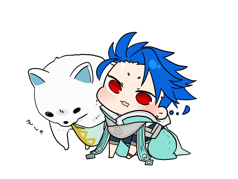 cu chulainn (fate) red eyes chibi blue hair 1boy jewelry dog male focus  illustration images
