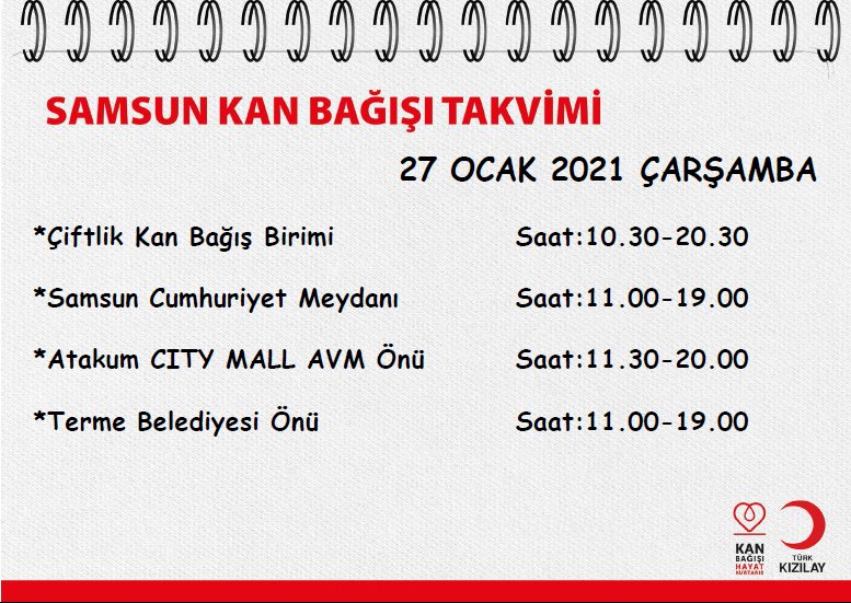 Samsun ilinde ikamet eden bağışçılarımız aşağıdaki noktalarda  kanver.org/KanHizmetleri/…  randevu sisteminden  randevunuzu alarak siz de Kızılay’a düzenli kan bağışında bulunun, hayat kurtaran kan dostlarımızdan biri olun. Senin 15 dakikan başkasının bir ömrü olsun. #KanDostum