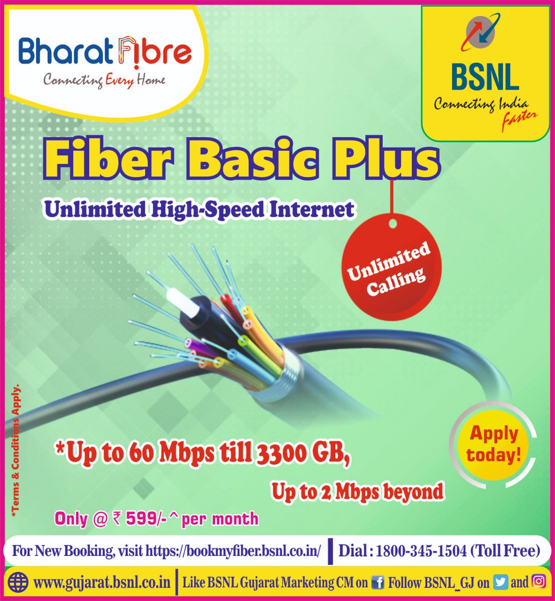 BSNL_GJ's tweet photo. #BSNL #Broadband on fiber with speed up to 60 Mbps till 3300 GB data download &amp; up to 2 MBPS beyond only @ Rs 599 per month. 
For booking of new connection, visit https://t.co/wWONArJjLF or dial 1800 345 1504 
Conditions Apply.
 @BSNLCorporate @CMDBSNL @CGM_GUJ_BSNL https://t.co/2UaQ2Zw9Mn
