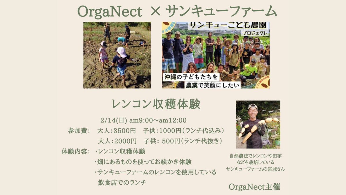 ついに！
2021初のOrgaNect主催体験農業の
情報公開&申し込み開始です！👏

📍2/14(日)9:00〜12:00

泥んこになりながられんこんの収穫体験してみませんか？？
希望者にはサンキューファームのれんこんが使用されているZumZumさんでランチが可能です！

気になる方はコメントかDMまで！