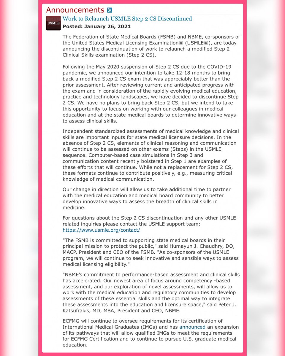 boneteacher's tweet photo. “We have no plans to bring back Step 2 CS”
USMLE cancels plans to relaunch Clinical Skills Test which was cancelled because of the pandemic !
#MedTwitter #MedStudentTwitter #usmle #mle #residency #Step2CS #usa https://t.co/uwzjmf7RPz