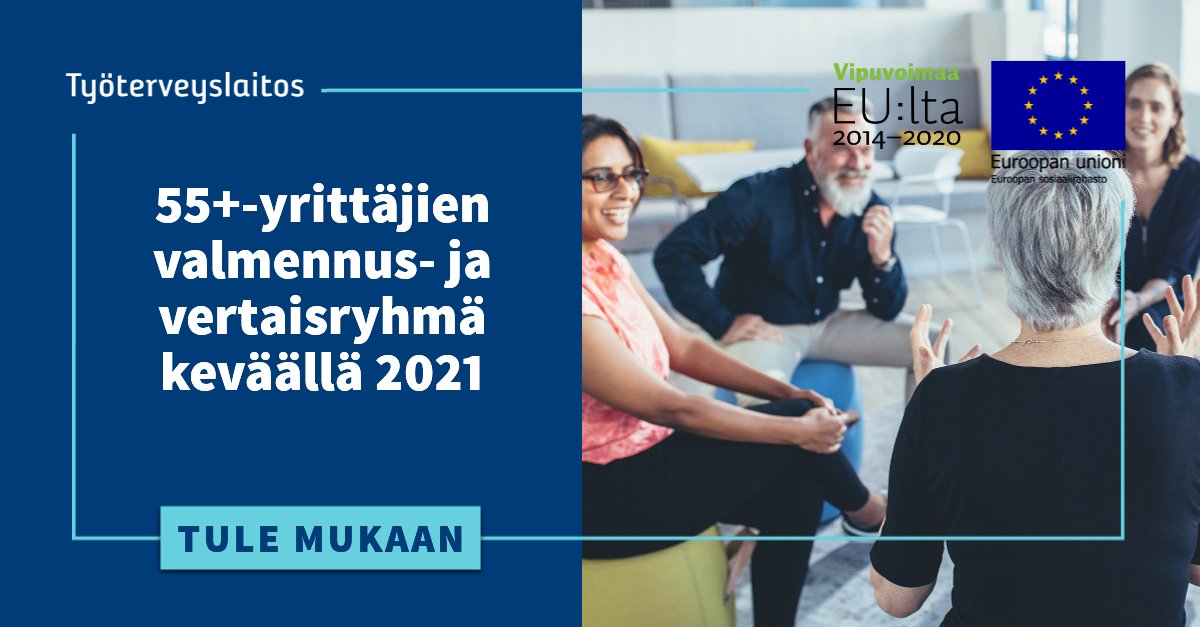 mhruokolainen's tweet photo. Oletko yli 55-vuotias yrittäjä Uudeltamaalta? Työterveyslaitoksen maksuton yrittäjien valmennus- ja vertaisryhmä käynnistyy maaliskuussa. Ryhmässä verkostoidut ja saat voimavaroja ja osaamista yrittäjänä toimimiseen.

Lisätietoja ja ilmoittautuminen: https://t.co/2tf5wMNVBo https://t.co/H6JSHRySqU