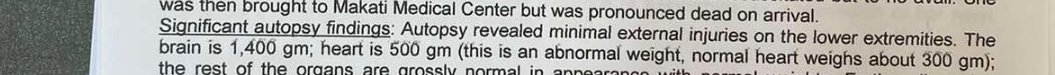 Resulta ng autopsy report sa labi ni Christine Dacera inilabas na. Nakasaad dun na ang sanhi ng pagkamatay ng dalaga ay Ruptured Aortic Aneurysm. Lumaki raw ang puso nito at tumimbang ng 500 grams samantalang 300 grams ang normal na timbang ng puso. | via <a href="/jeck_batallones/">jeck batallones</a>