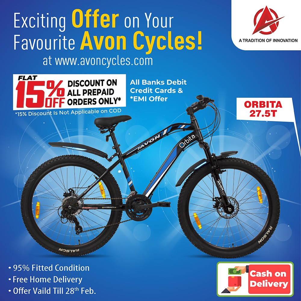 AvonCyclesIndia's tweet photo. Get flat 15% off on your favourite Avon Cycles.
We offer free home delivery of cycles in 95% fitted condition.
Order now at https://t.co/ggTlj7FrzA.
Hurry!
Offer valid till 28th February.
#Avon #AvonCycles #AvonBicycles #AvonSale #AvonNukePro https://t.co/GIiuvH27Bc