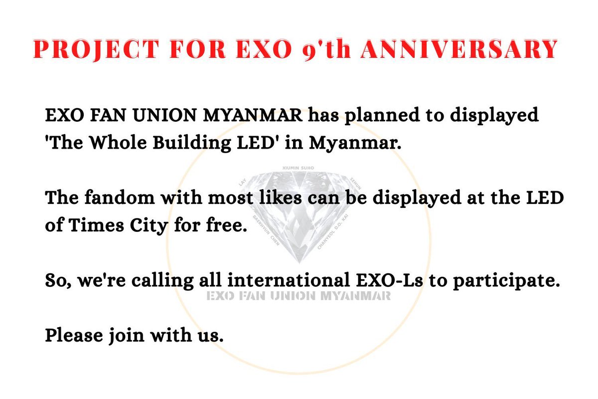 PHIXOVotingTeam's tweet photo. [AD EVENT]

We are participating in the Times City LED giveaway in Myanmar for EXO's 9th year anniversary. The prize is a display of video on the LED board.

Please refer to the photos for the instructions. Deadline is on Jan 30 at 2:30PM KST (1:30PM PST).

@weareoneEXO #EXO https://t.co/4KBMXE6BXC