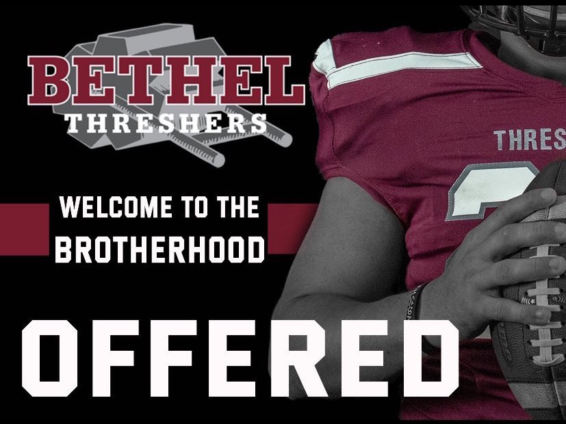 WilliamBostJr1's tweet photo. Thankful for an offer to play at the next level and continue my education with Bethel College! Visit coming up soon! @Threshers_FB @CoachHarrisonBC @ReedFb @MillersFB @6starfootballOK #College #Football #OKPreps https://t.co/JUybqYHmfA