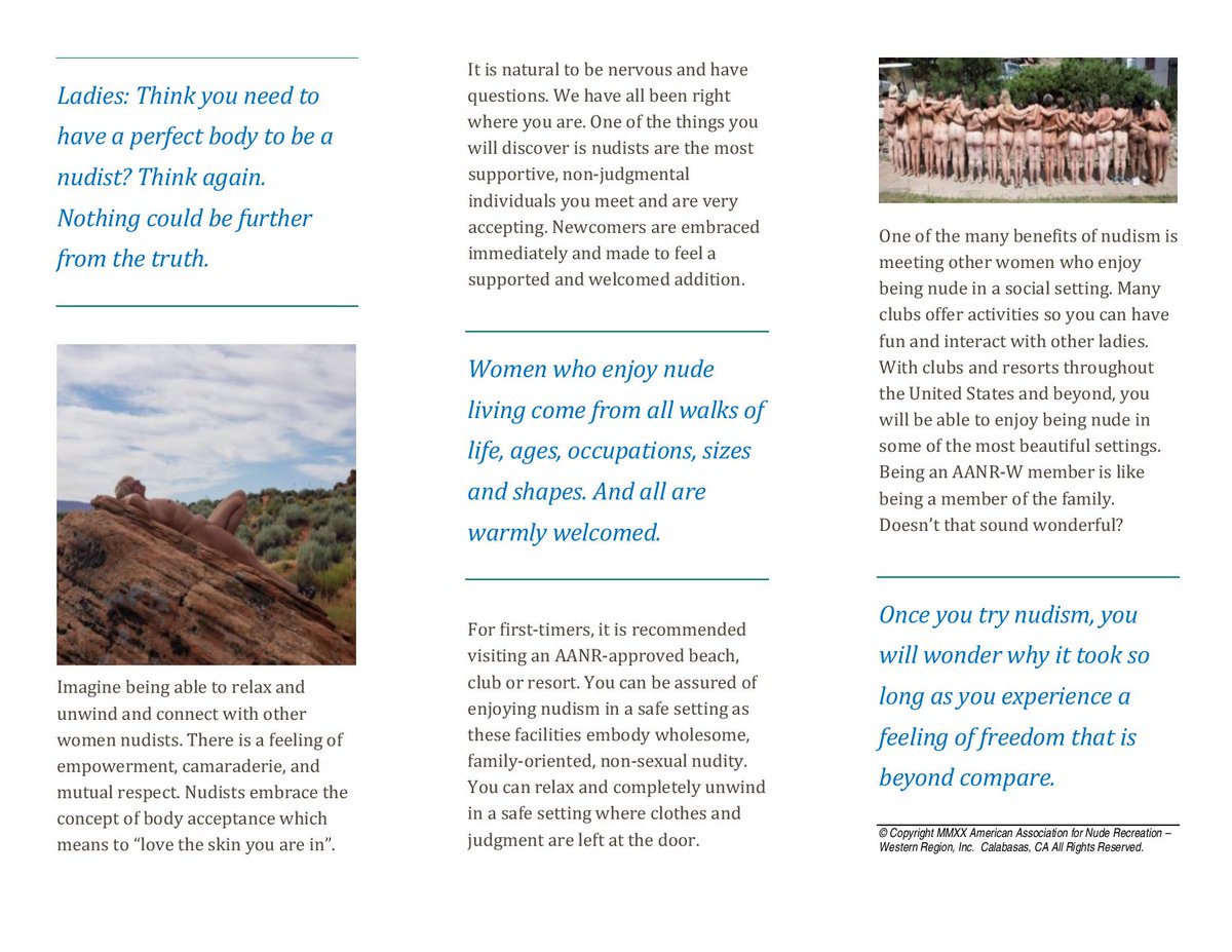 TrueBlueNude's tweet photo. #WINRWednesday – #WINR – Women In Nude Recreation – tri-fold brochure for the @WesternAANR region. Co-chair @tbsaavedra and I work to encourage people, with an emphasis on women, to join us in the naturist philosophy of wholesome, non-sexual nudity. Click for the entire brochure. https://t.co/8OnI4Aiw89