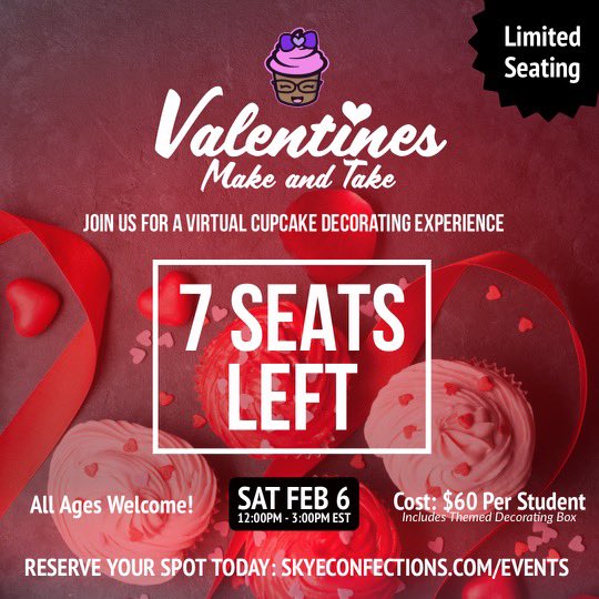 SkyeConfections's tweet photo. Have you signed up for our 1st Class of 2021? ❤️

A week before Valentine’s Day we are hosting a virtual cupcake decorating experience.

Registration ends soon! 

https://t.co/1OEciWrFnd https://t.co/Yc6GvGkMHy