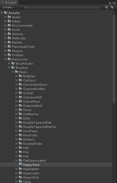 2/12 Create a new folder in the Assets/Resources/Brushes folder, and give it a name - it should be CapitalCase e.g. "happy face" becomes "HappyFace"