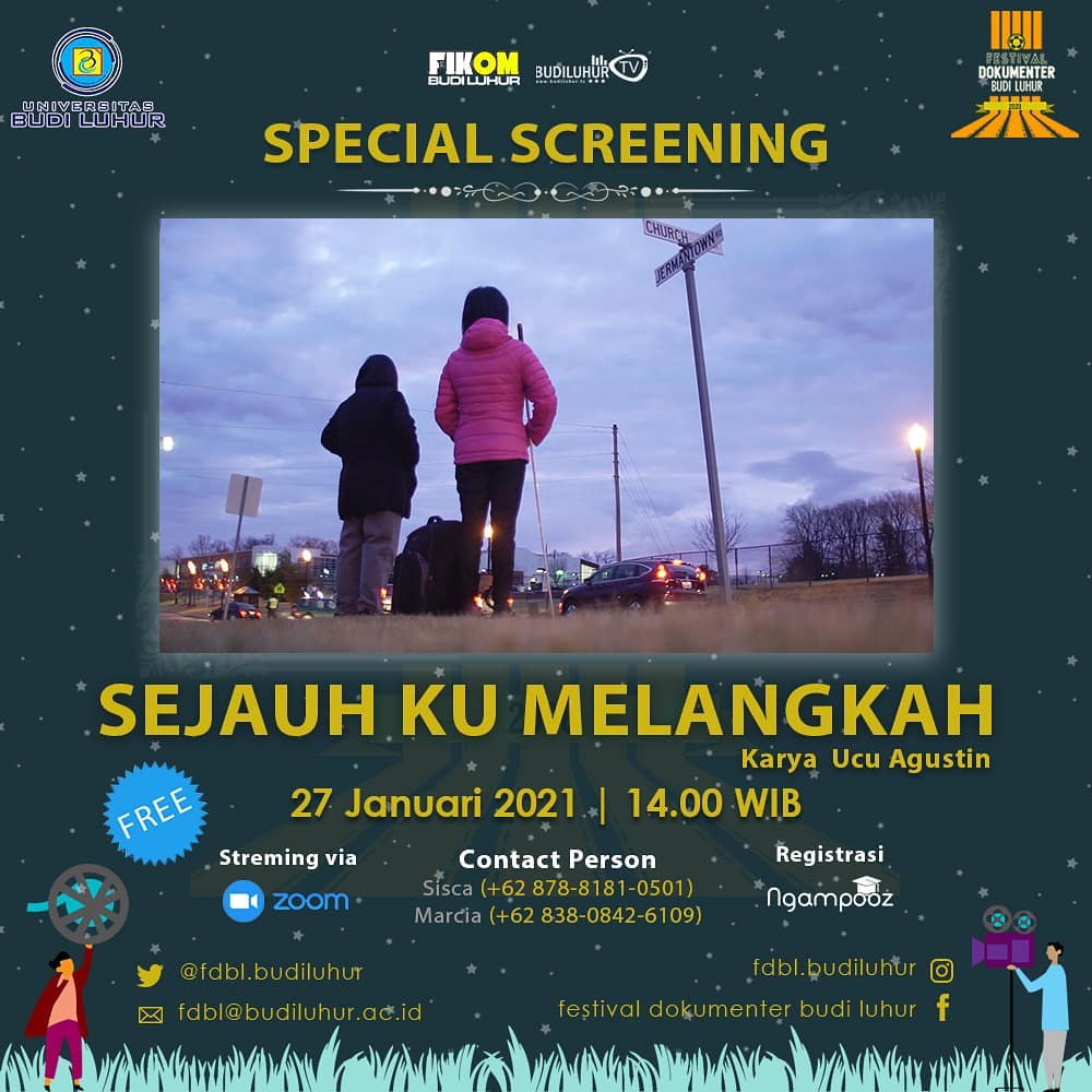 Special Screening Festival Dokumenter Budi Luhur!
Film Sejauh Kumelangkah sutradara Ucu Agustin.

Film ini ilengkapi dengan audio describtion untuk penonton tuna netra dan closed caption untuk penonton tuli.

Yuk buruan daftar melalui aplikasi ngampooz atau menghubungi CP ya!