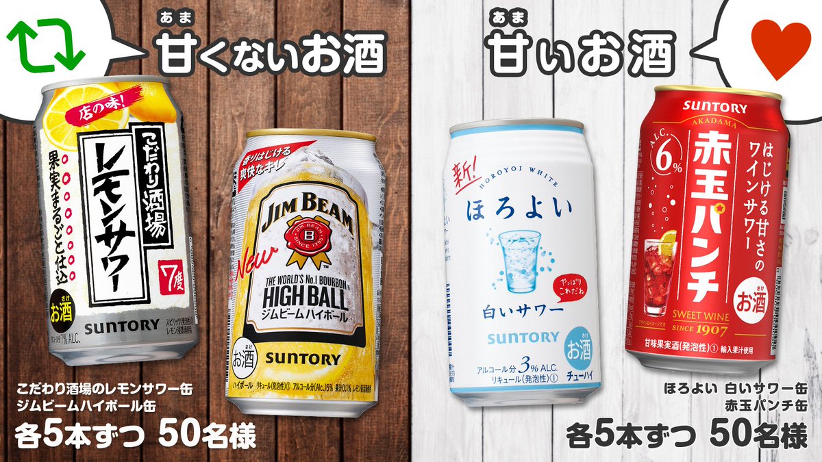 Suntory サントリー 好きなお酒に投票すると 選んだ種類のお酒の詰め合わせが 各50名様に当たる Suntoryをフォロー 下記から一つ選んで投票 甘いお酒 いいね 甘くないお酒 Rt 2月21日 日 23 59まで コメントで好きなお