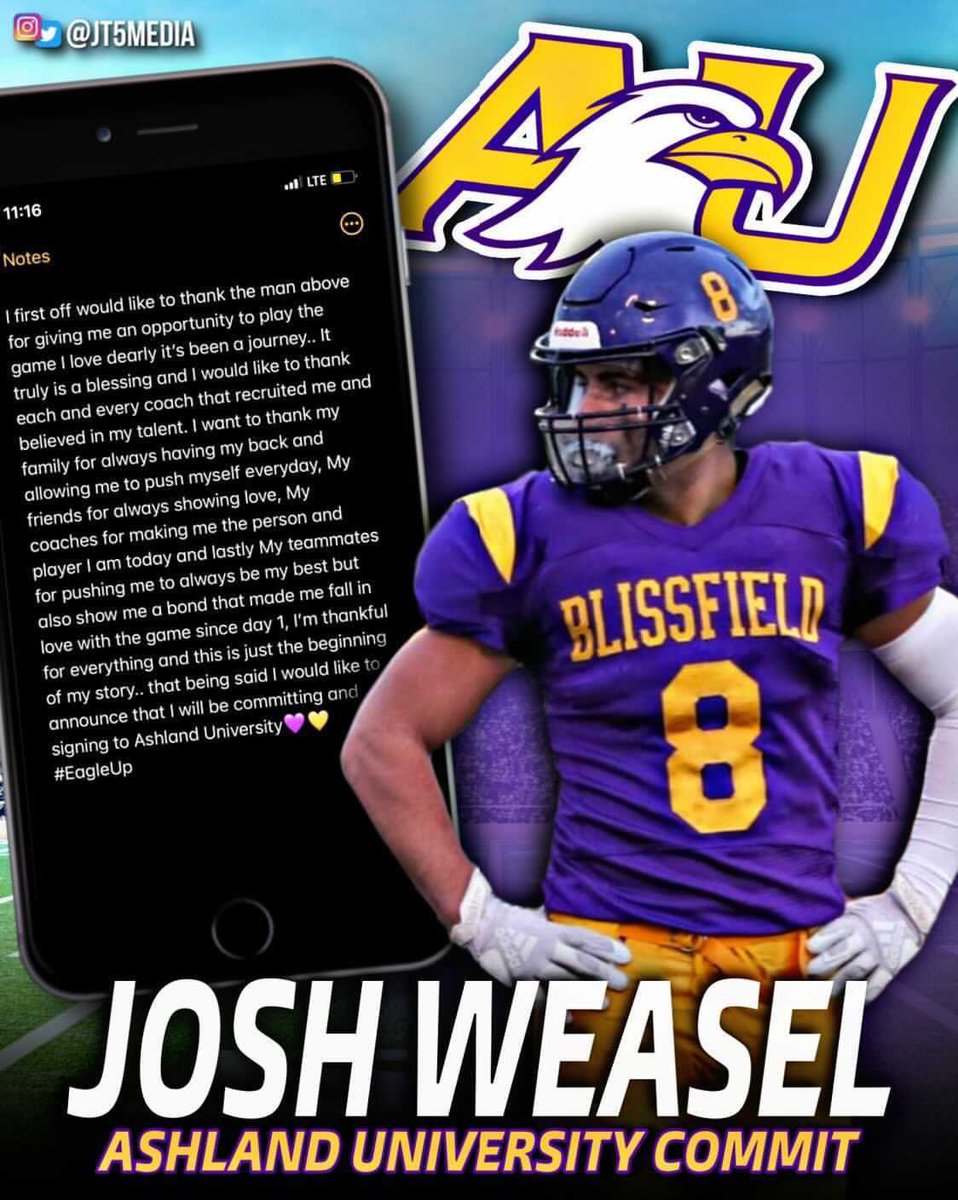 JoshWeasel_'s tweet photo. 100% COMMITED🦅💜💛 #EagleUp @AshlandFB @Coach_Orsini @BlissfieldFB https://t.co/qwjoSdZirk