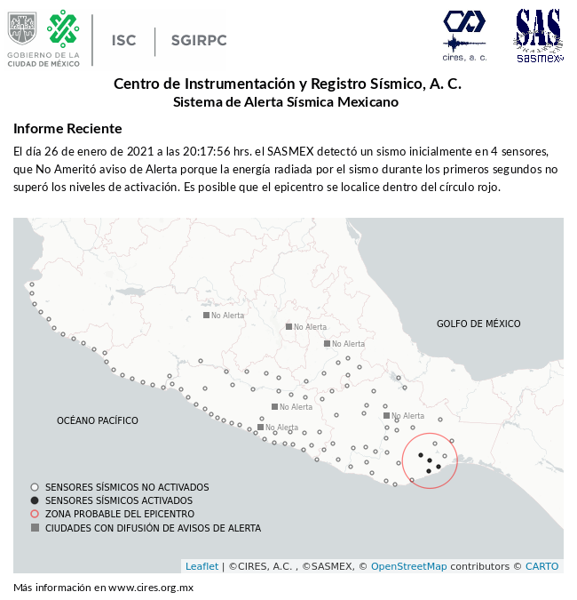 SASMEX's tweet photo. Informe preliminar del #Sismo del 26-ene-21 a las 20:17:56 hrs. Más información en https://t.co/sbSDWXeZFF #TenemosSismo #LaPrevenciónEsNuestraFuerza https://t.co/zD3gxmDdcc