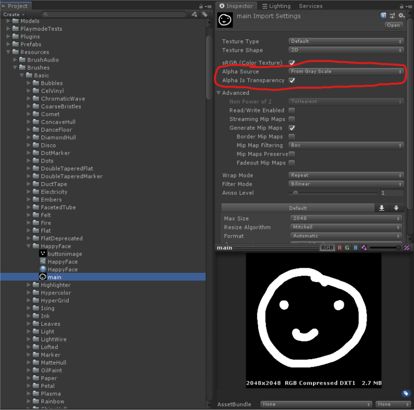 7/12 Create a black/white texture for your new brush and place it in your folder. Make sure you set the alpha settings correctly - Alpha Source = From Gray Scale, and Alpha Is Transparency = true, then click 'Apply'. Assign it to the first texture slot on your new material.