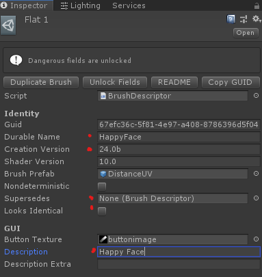 4/12 Click 'Unlock Fields', and change the essential settings - 'Durable Name' should match your folder name, 'Creation Version' should match the current TiltBrush version (24.0b rn), 'Supersedes' should be empty and 'Description' should be your name with spaces ("Happy Face")