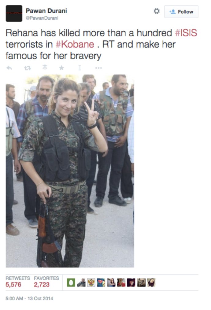 Today is the 6th anniversary of the liberation of Kobane from Islamic State. For me, it's associated with this viral tweet and photo, which kicked off a global wave of media misinfo about Rehana, the "Angel of Kobane." Here's a thread about what happened. It may feel familiar.