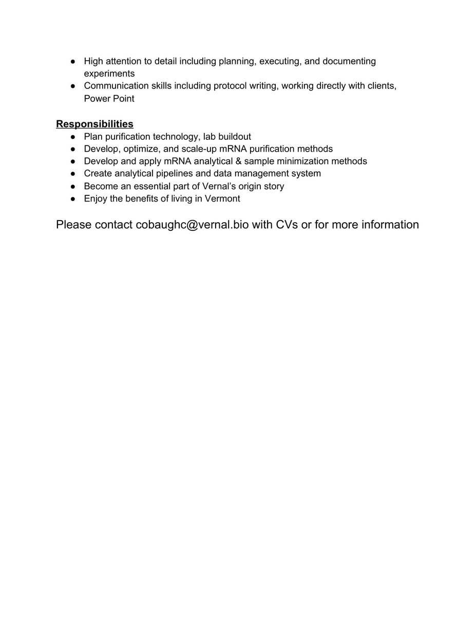CMC_UVM's tweet image. A Vermont startup, Vernal Biosciences, is looking to hire research scientists ASAP. Know any recent PhDs (or MS) with mRNA Chromatography experience? #phdchat @beyondprof @VersatilePhD  #beyondprof #biotech #startup #mRNA  #chromatography #Vermont #PhDposition #phdforum