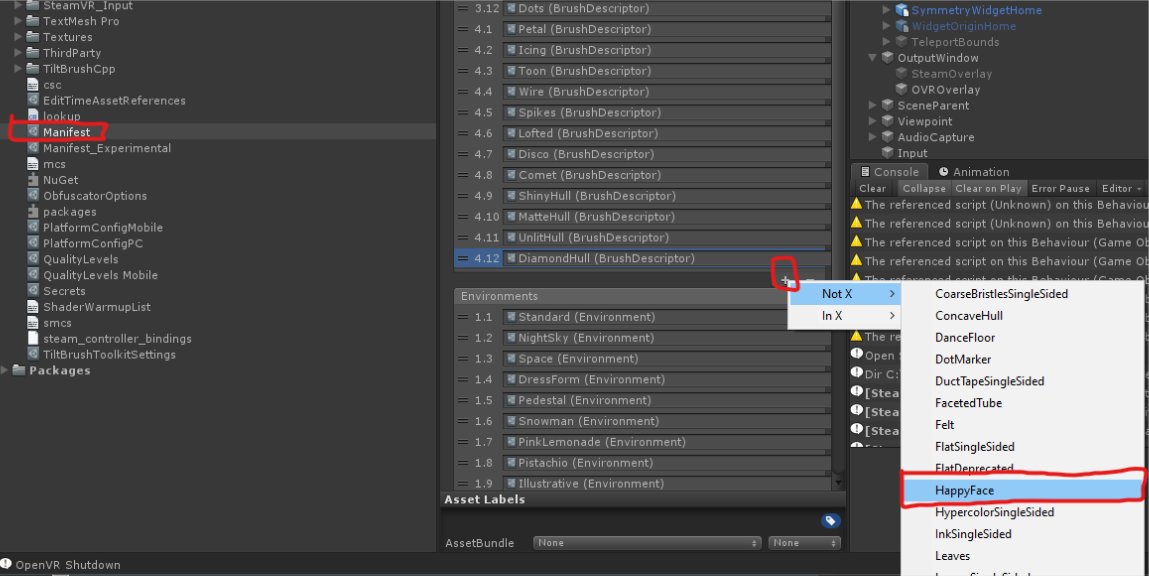 9/12 Go and find the Manifest file - its path is Assets/Manifest.asset. Select it, then at the bottom of the 'Brushes' box, click the small plus sign and add your new Brush! It'll be under 'Not X'