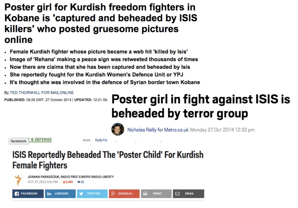 Once again, the press picked up the story, this time to mourn her apparent death. Rehana the "poster child for Kudish female fighters" had been beheaded. It was tragic.