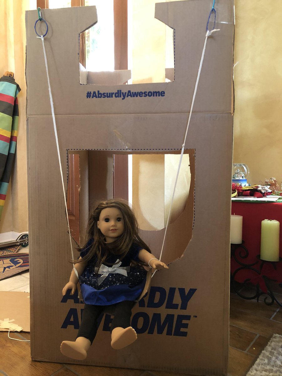 My son was given a  #bigjoe bean bag chair which had an issue so the company sent a new one (awesome customer service btw) in a box you can turn into a castle! Well, he added a swing for Clarice.  #ag  #americangirl  #agdoll  #agjoss