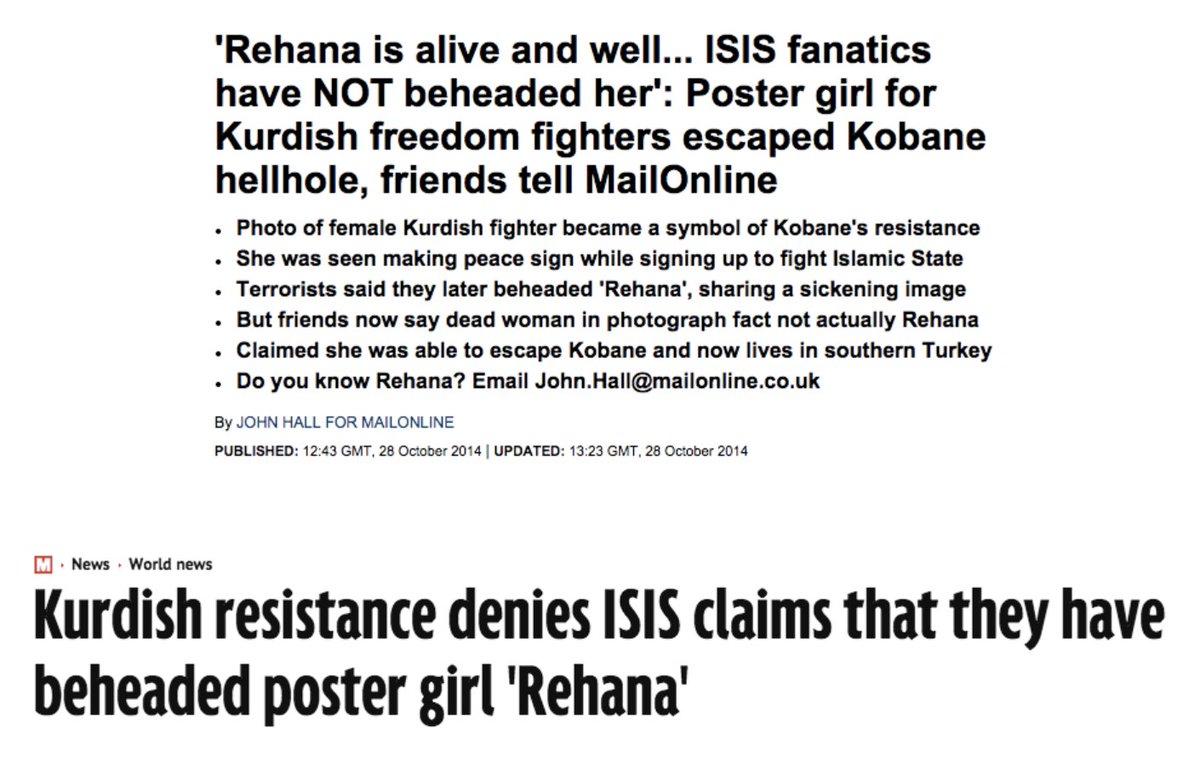 This kicked off another round of coverage, seemingly debunking the claim from Islamic State. The Daily Mail reported that Rehana had escaped Kobane and was safe in Turkey. What drama!