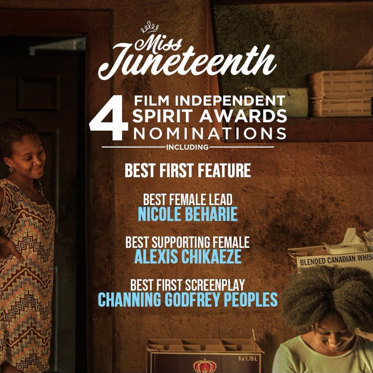 #MissJuneteenth is nominated for FOUR <a href="/filmindependent/">Film Independent</a> #SpiritAwards including Best First Feature, Best First Screenplay (<a href="/cgpeoples/">Channing Godfrey Peoples</a>), Best Supporting Female (<a href="/AlexisChikaeze/">S I X</a>), and Best Female Lead (<a href="/NikkiBeharie/">Nikki Beharie</a>)!