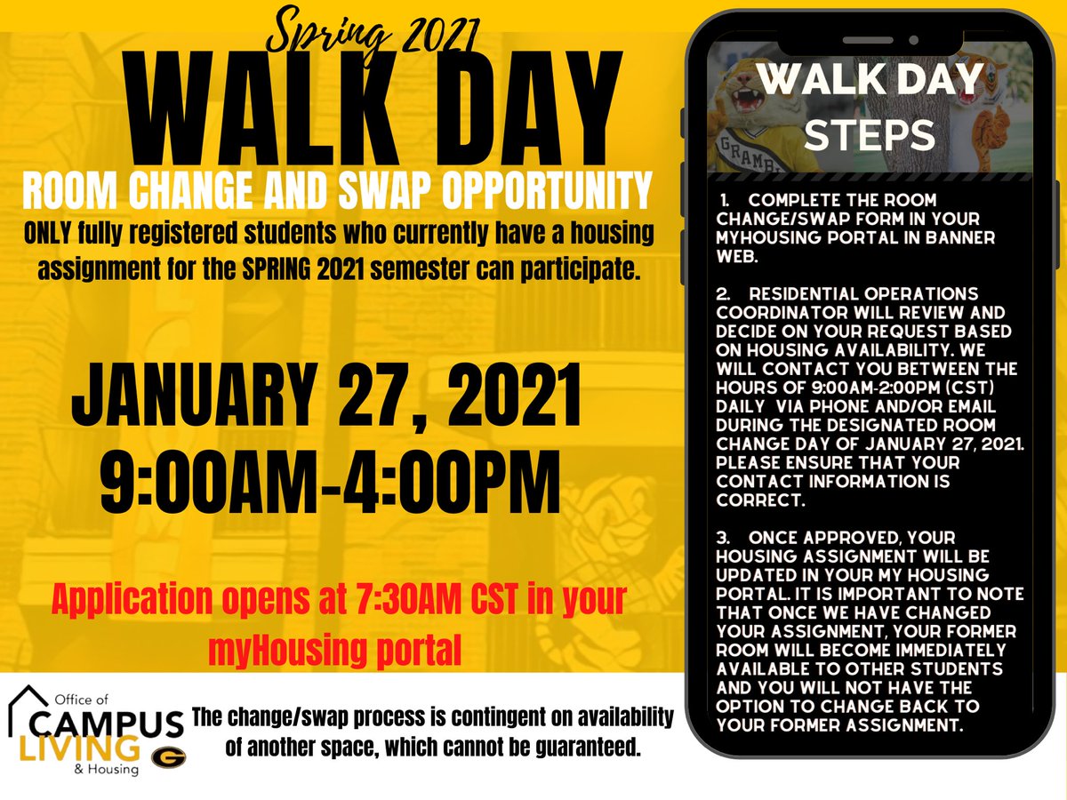 GSUCampusLiving's tweet image. The application will be available in your myHousing portal in banner at 7:30AM CST. Calls will be made starting at 9:00AM in the order the applications are received. Make sure your contact info is correct. #maskup #gramfam #walkday