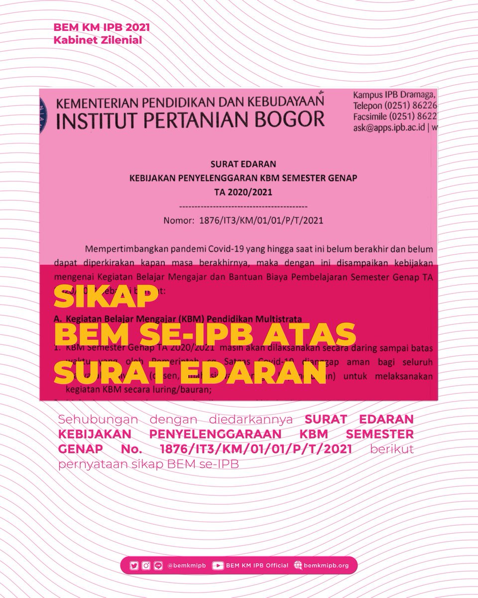 bemkmipb's tweet image. [ SIKAP BEM SE-IPB ATAS SURAT EDARAN ]

Sehubungan dengan diedarkannya SURAT EDARAN KEBIJAKAN PENYELENGGARAAN KBM SEMESTER GENAP No. 1876/IT3/KM/01/01/P/T/2021 BEM se-IPB menyatakan sikap.