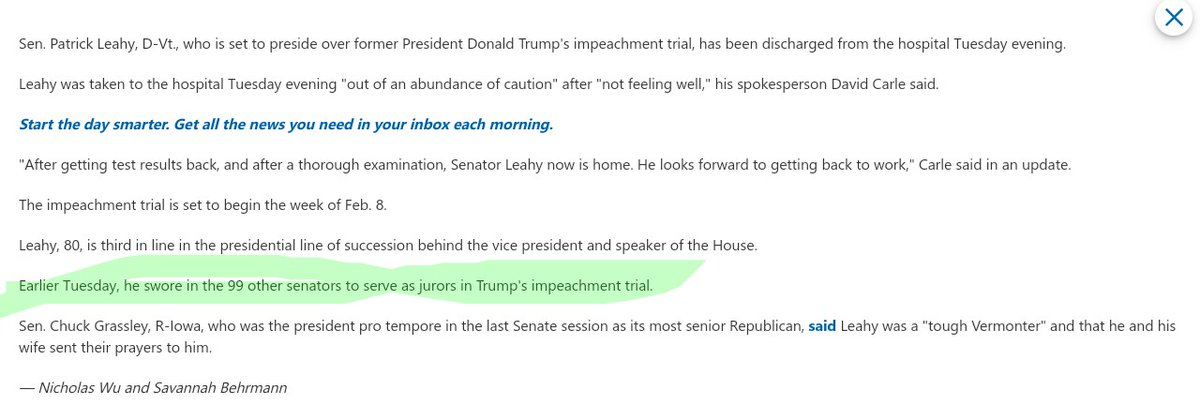 Even this article from today states that Sen. Leahey "swore in the 99 other Senators to serve as jurors in Trump's impeachment trial."So we still have [CLAS 1-99].LINK  https://www.msn.com/en-us/news/politics/politics-live-updates-senators-take-oath-in-impeachment-trial-of-former-president-trump/ar-BB1d6SMy?fbclid=IwAR3rWdCspUMOtYh7GPCr5Kz4zKCtoXDjYbOVEEDGrqs1Ylxxjrv2JtHBFfM