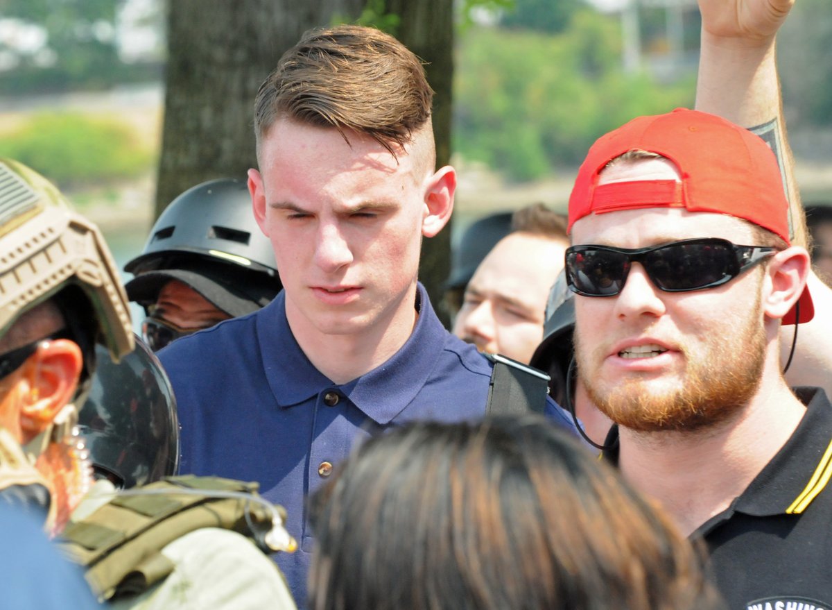 He's frequently been in the company of white nationalists, such as Jake Van Ott of Identity Evropa.