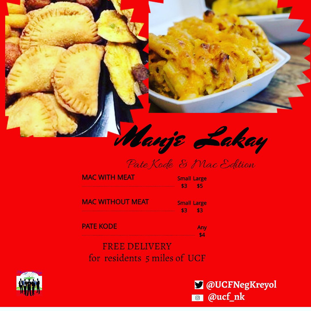 UCFNegKreyol's tweet photo. UCF Neg Kreyol Incorporated would like to present to you Manje Lakay; pâté kodé and Macaroni edition. Allow us to chef It up 👨🏾‍🍳 and introduce you to gems from our cultures cuisine. Pickup and delivery options will be available on Sunday, February 7th, 2021. Link below! https://t.co/Iz8pvr8Otd