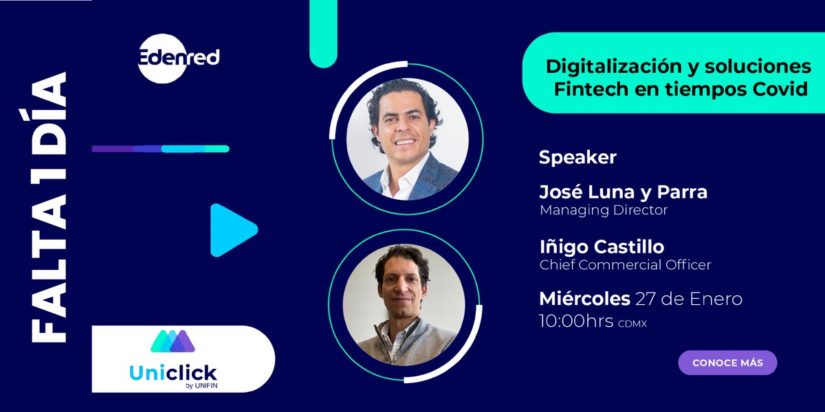 uniclickmx's tweet photo. Mañana no te pierdas la participación de nuestro Managing Director @jlunayparra y nuestro Chief Commercial Officer @inigocastillo en el #webinar “Digitalización y soluciones Fintech en tiempos Covid” organizado por "#Edenred. Regístrate aquí >> https://t.co/wcayAQj1qq

#pymes https://t.co/ybshkKUGMY