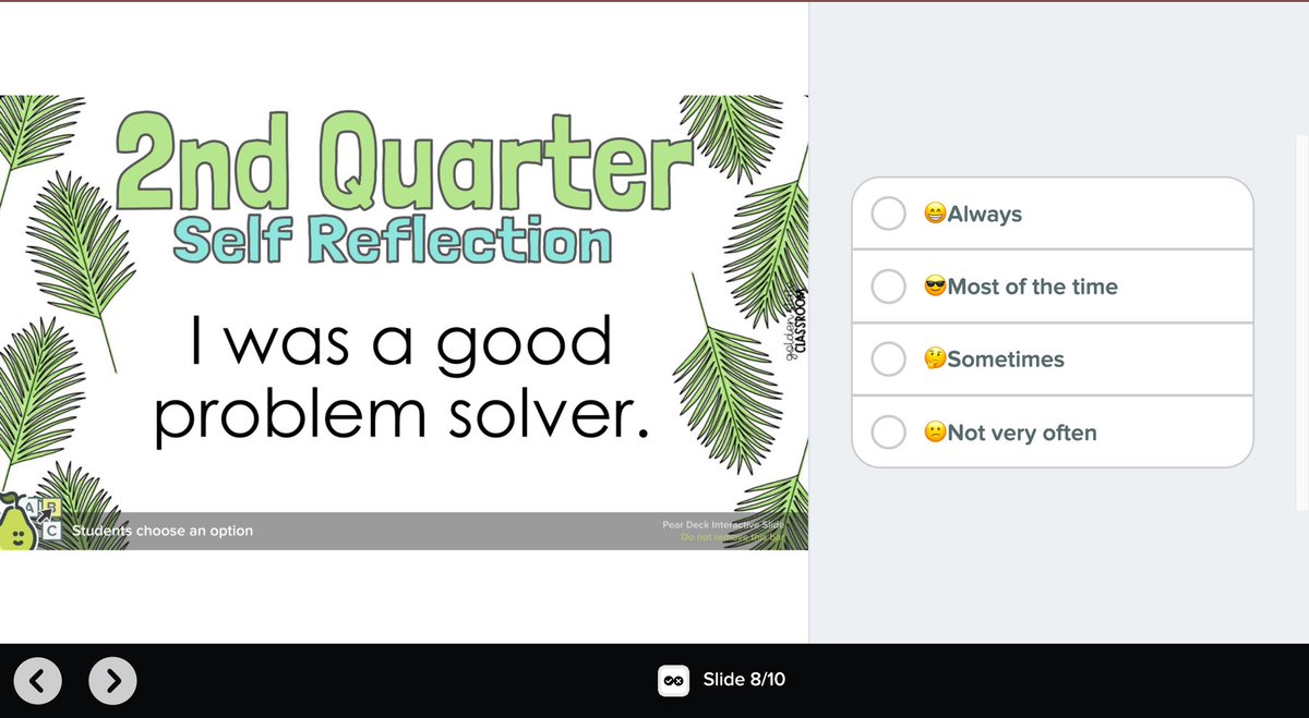 MissInzi's tweet photo. The end of a quarter and the start of a new one is great time to reflect and set new goals! I shared with students how I like to set my own goals for a new quarter and encouraged them to do the same! @PearDeck https://t.co/FPlapXVraf